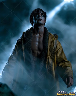 In misty blue light, a bare-chested man looks up wearing an open yellow raincoat