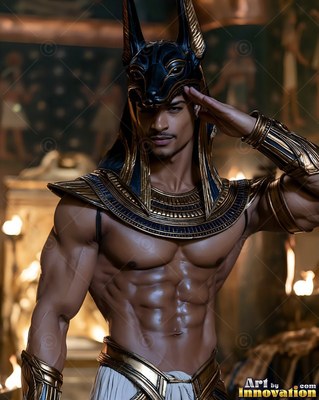 Saluting in a dim tomb, a bare-chested man wears a black Anubis jackal mask and collar