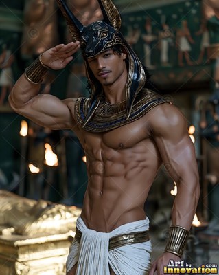 A shirtless man in an Anubis jackal mask salutes in a tomb