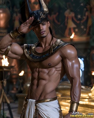 A shirtless man in a black jackal headdress salutes near warm golden torchlight