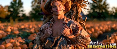 Facing forward in a pumpkin patch, a bare-chested man wears a scarecrow outfit