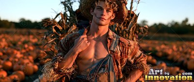 In a pumpkin patch, a shirtless man poses as a scarecrow in overalls