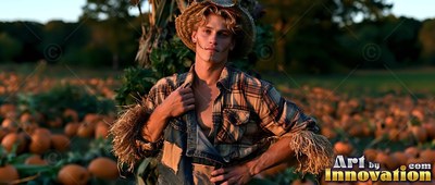 Posing in a pumpkin patch, a bare-chested man is dressed in a scarecrow hat and plaid shirt