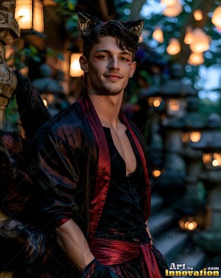 A man with cat ears wearing a red and black robe outside