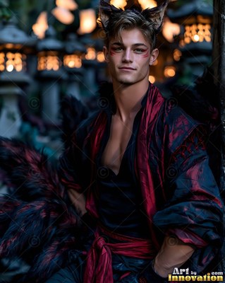 Pointed animal ears top a young man in an open red robe beside stone lanterns