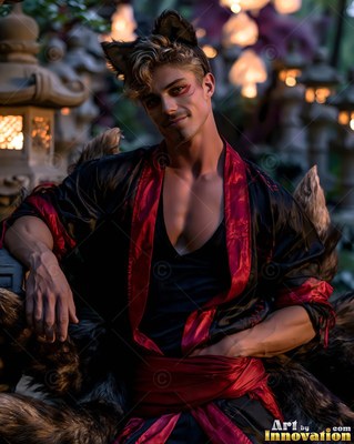 A man with fox ears sits in a black robe near warm lantern light