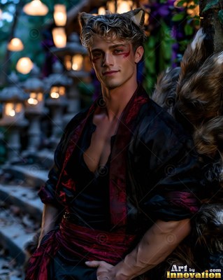 Leaning against a tree, a man in wolf ears and a dark robe smiles on stone stairs