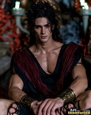 A dark-haired man sits cross-legged in a black and deep red tunic with a spiked crown