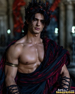 In a dim hall, a bare-chested man sports a crown of black thorns and a red toga sash