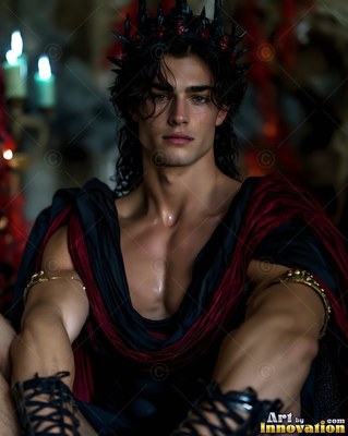 Sitting with a bare chest, a man wears a spiky black crown and red drapery
