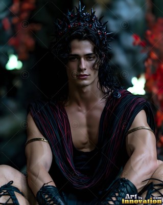 Man in a spiky crown sits in a low draped black vest