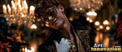 A gold eye mask covers a grinning man in a dark coat, standing near candle chandeliers