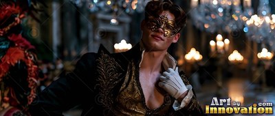 A masked man smiles while adjusting his collar before blurred golden chandelier lights
