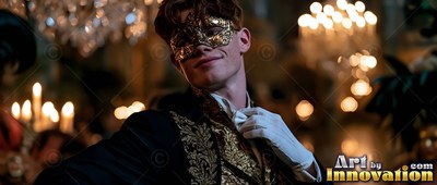 Turned sideways in a ballroom, a man in a gold mask adjusts his white tie