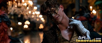 A smiling man wears a gold mask and open vest under warm ballroom lights