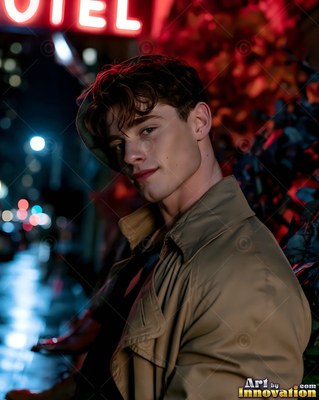 Outside a neon hotel sign at night, a young man is dressed in an open tan coat
