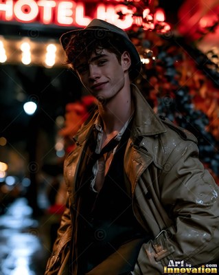 Smirking on a dark rainy street, a man has on a fedora and open tan trench coat