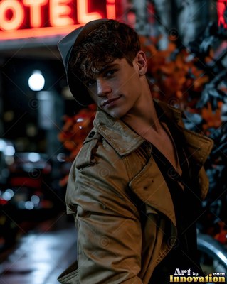 A man in a tan trench coat looks back by red neon lights