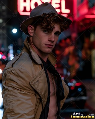 A gray fedora tops a young man in an open tan trench coat by a red neon hotel sign
