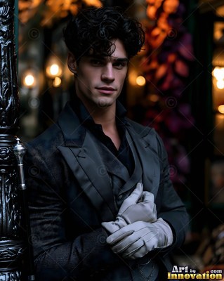 A dark-haired man clasps pale gloves in a dark suit beside warm lantern lights