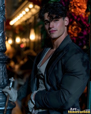 Turned sideways on a night street, a man has on a dark suit jacket and holds a cane