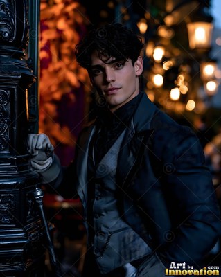 A handsome man in a dark gray suit leans against a black post at night