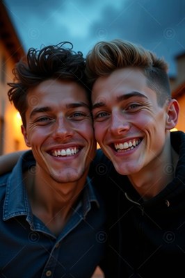 On an evening street, two smiling young men lean their heads together