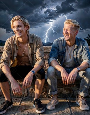 Laughing together on a stone ledge, two blond men sit under lightning skies