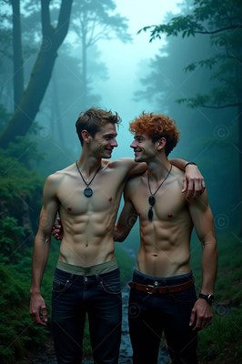 Two shirtless men smiling together in a misty green forest