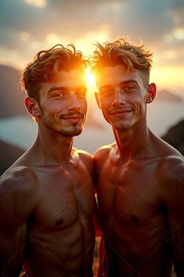 Tousled brown hair shines as two shirtless men grin together at sunset on a hilltop