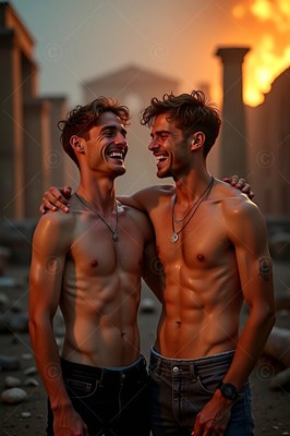 Two shirtless men embrace and laugh together under warm golden sunset light