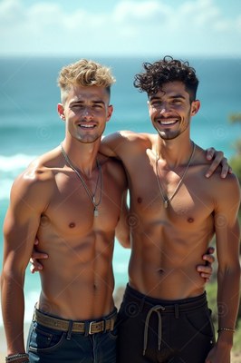 Standing side by side on a sunny beach, two shirtless men smile with their arms around each other