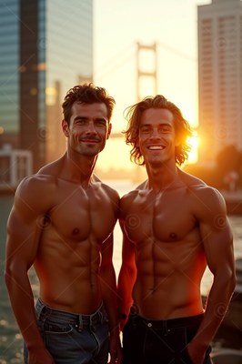Two shirtless men grin by the water in warm sunset light near a bridge