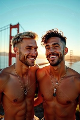 Near the Golden Gate Bridge, two bare-chested men grin warmly at sunset