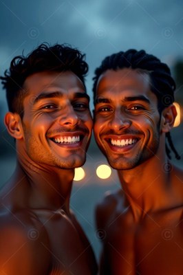 Smiling side by side at dusk, two shirtless men with warm skin outdoors