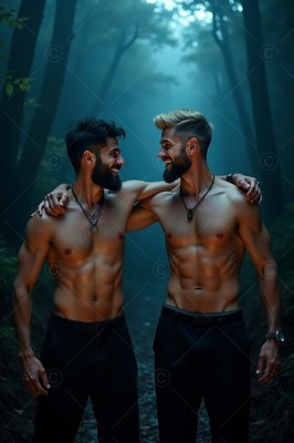 Two shirtless men smiling with arms around other in dark woods