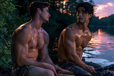Two shirtless men sit together with fishing rods beside a lake at sunset