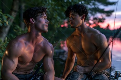 Two muscular shirtless men talking by a lake at dusk with fishing rods