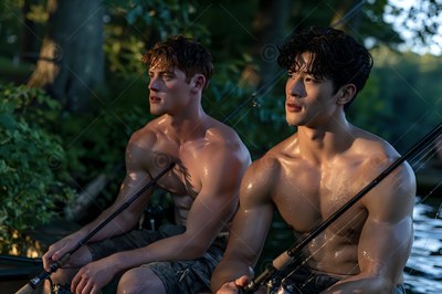 Sitting side by side by the lake, two shirtless men hold fishing rods