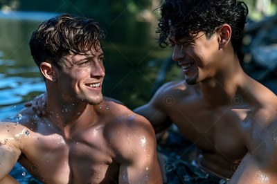 Two shirtless men laughing together while swimming in a sunny lake