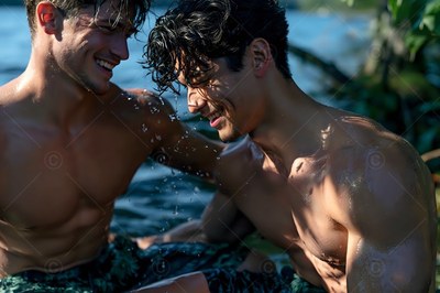 In a sunny lake, two shirtless men with wet hair smile at their companion