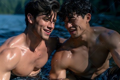 Smiling together in a lake, two shirtless men lean close in bright sunlight