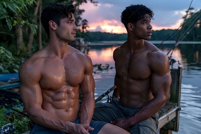 Two shirtless men sit on a wooden dock by a calm lake beneath pink sunset light