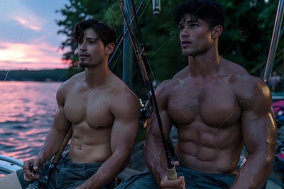 Sitting side by side on a boat, two shirtless muscular men fish at dusk