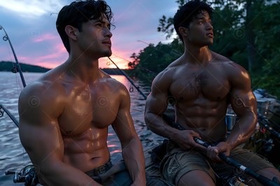Two shirtless muscular men holding fishing rods on a lake at sunset