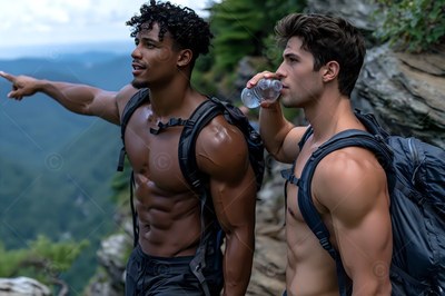 Hiking on a mountain, two shirtless men with backpacks look out across green hills