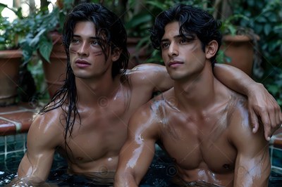 Sitting together in a pool, two shirtless men with dark hair rest by green plants