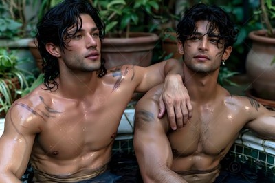 Two shirtless men with dark hair relax together in a pool by green plants