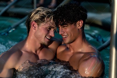 Smiling close in bubbly hot tub water, two shirtless men laugh together at night