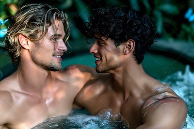 Wet blond hair shines as two bare-chested men are smiling together in a steaming hot tub
